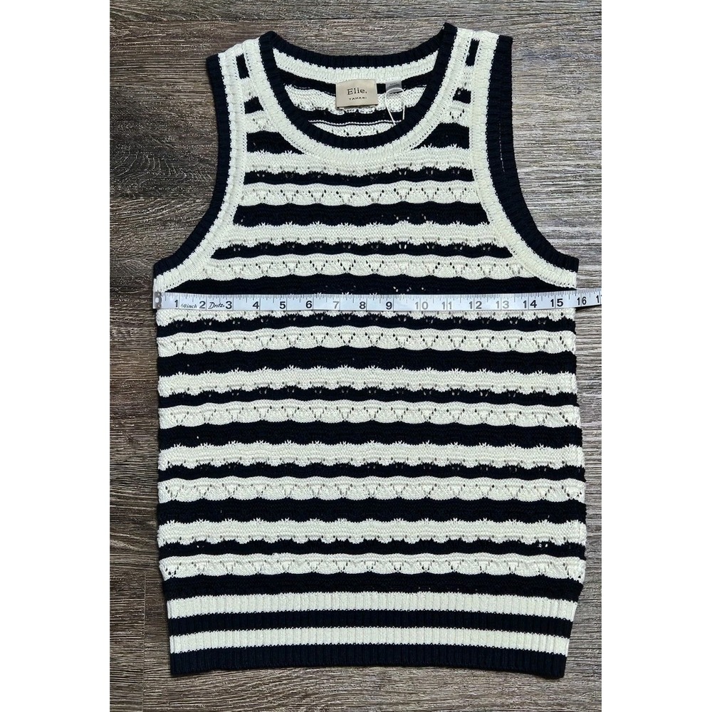Elie Tahari Stripe Sleeveless Knit Sweater Tank Top Ivory/Dark Navy Blue Medium - Picture 4 of 6